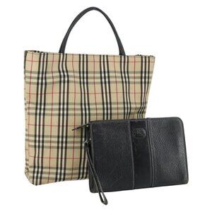 BURBERRY Nova Check Tote Bag Leather Canvas 2 Set Black Beige